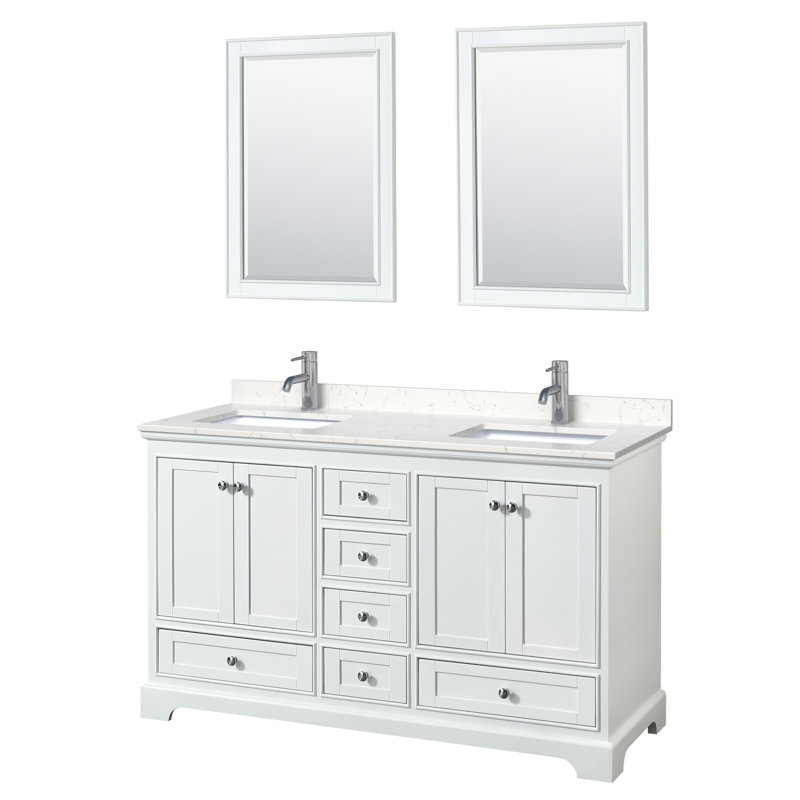 Ensemble de meuble-lavabo double 60 "avec miroir Deborah, Marbre de culture de Carrare, Espresso foncé, Chrome poli