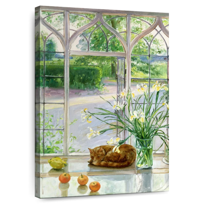Lilie iris et chat endormi, H 45 po x l 30 po