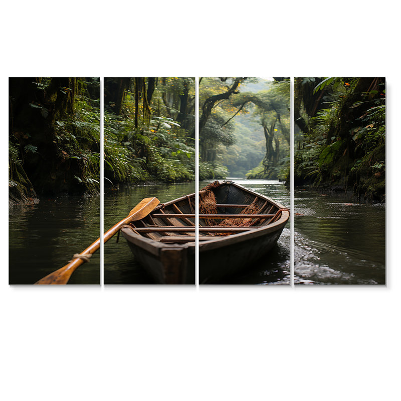 Dinghy In Amazon Jungle River - Ensemble de 4 décorations murales Jungle, H 28 po x l 48 po
