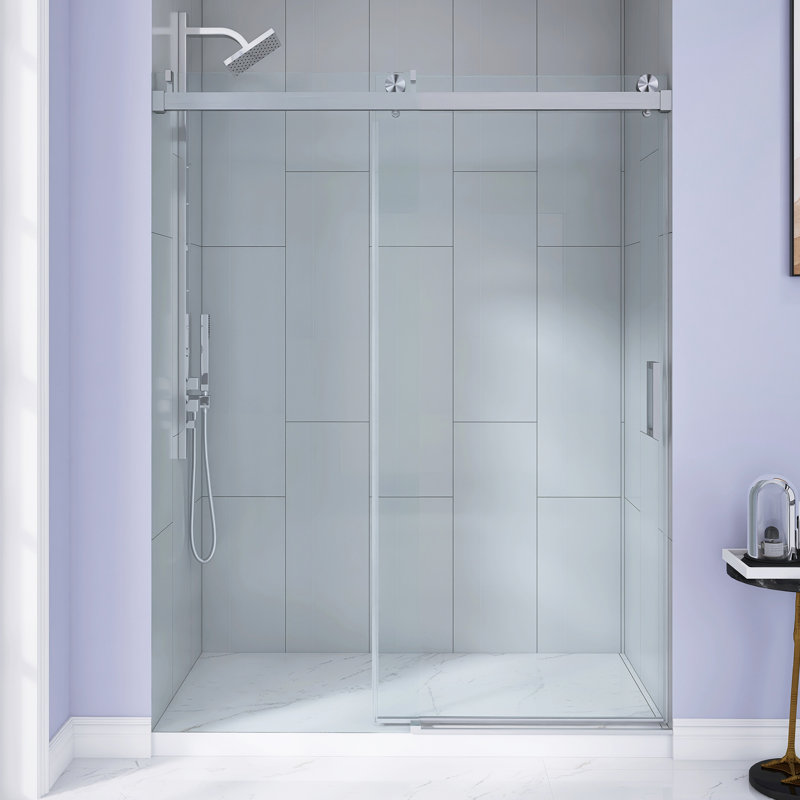 56-60 In. W X 76 In. H Single Sliding Frameless  Shower Door | Silent Soft Close | 1/4 Inch Thick  Tempered Glass With Explosion-Proof  Coating | Reversible Installation | Brushed Nickel