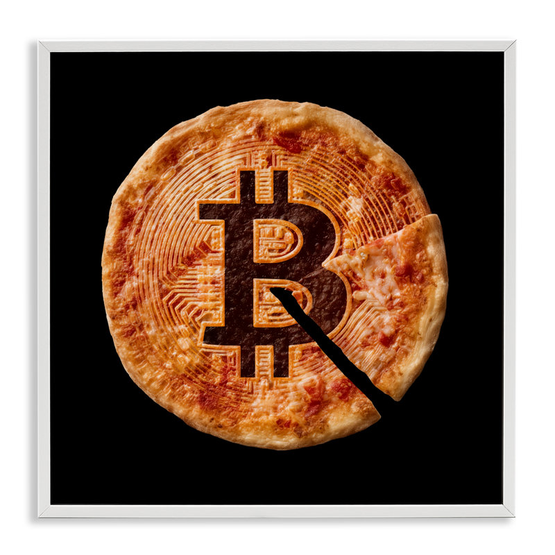 Crypto pizza tranche giclée, design par Svetlana Aleynikova, Giclée encadrée blanc bord de mer, H 12 po x l 12 po