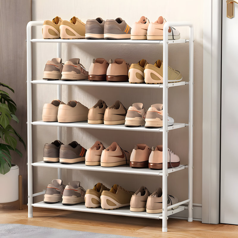 Range-chaussures multicouche peu encombrant avec structure en fer pour les dortoirs, les appartements et les entrées (5 niveaux, blanc)