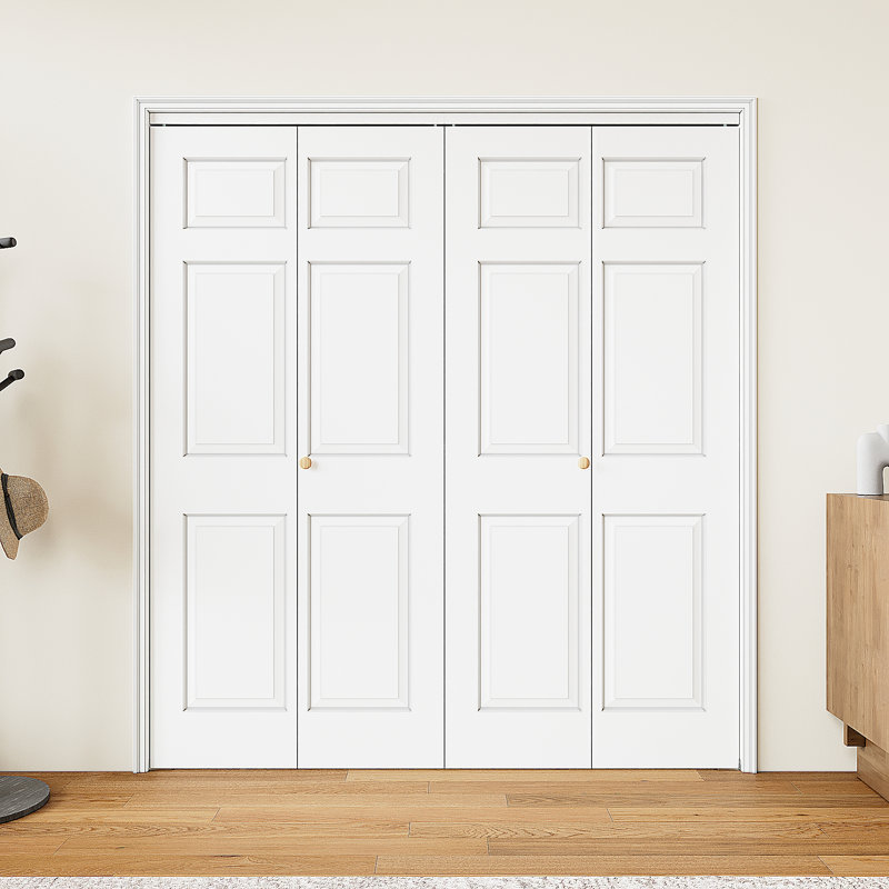 Double porte pliante double pour ouverture de 48 po x 80 po, portes pliantes à panneaux creux à 6 panneaux avec quincaillerie, panneaux de porte de grange pliables pour garde-robe / garde-manger / buanderie, pré-assemblé, facile à installer, apprêté blanc