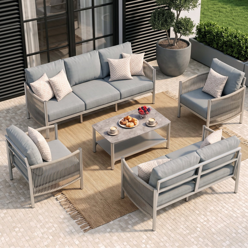 Ensemble de conversation pour patio 5 pièces avec coussins de 6 po d'épaisseur et corde de polyéthylène tissée à la main