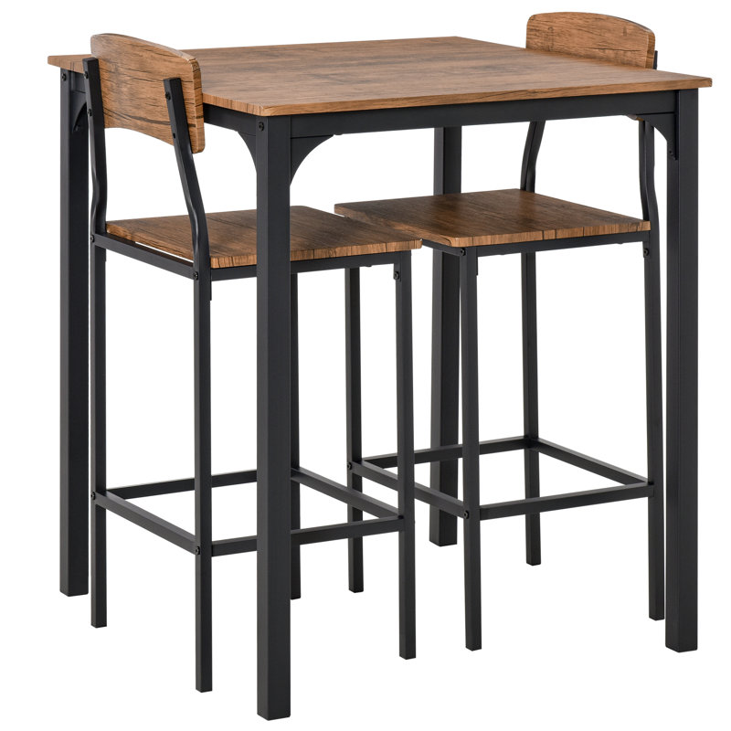 Ensemble de table de bar industriel 3 pièces, table de salle à manger à hauteur de comptoir rustique brun avec 2 tabourets, pieds et repose-pieds en acier, conception peu encombrante
