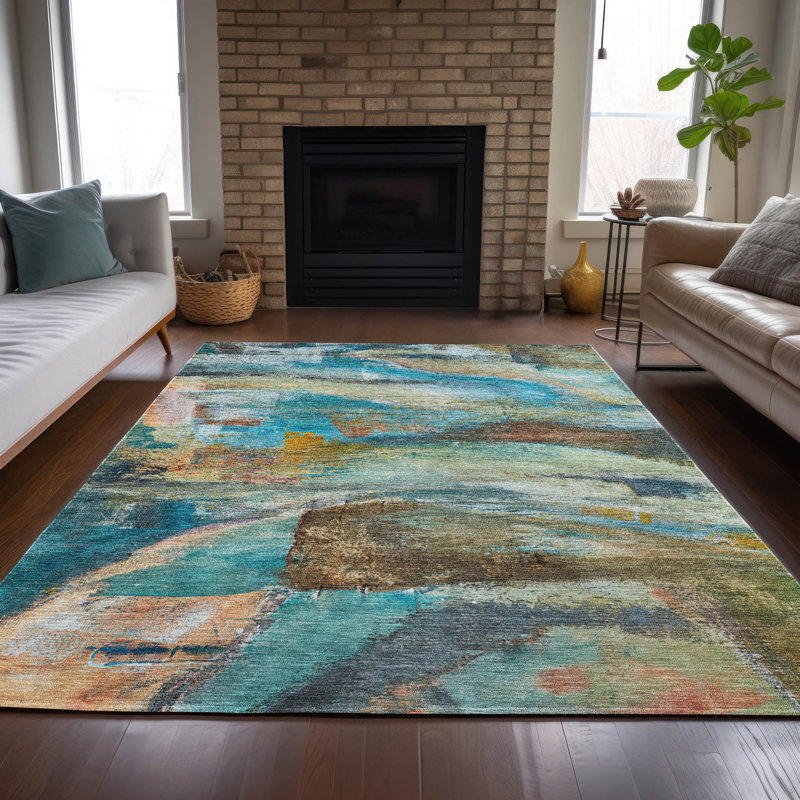 Machine Washable Indoor/Outdoor Xhevrie Teal Rug, Rectangle 10' x 14'
