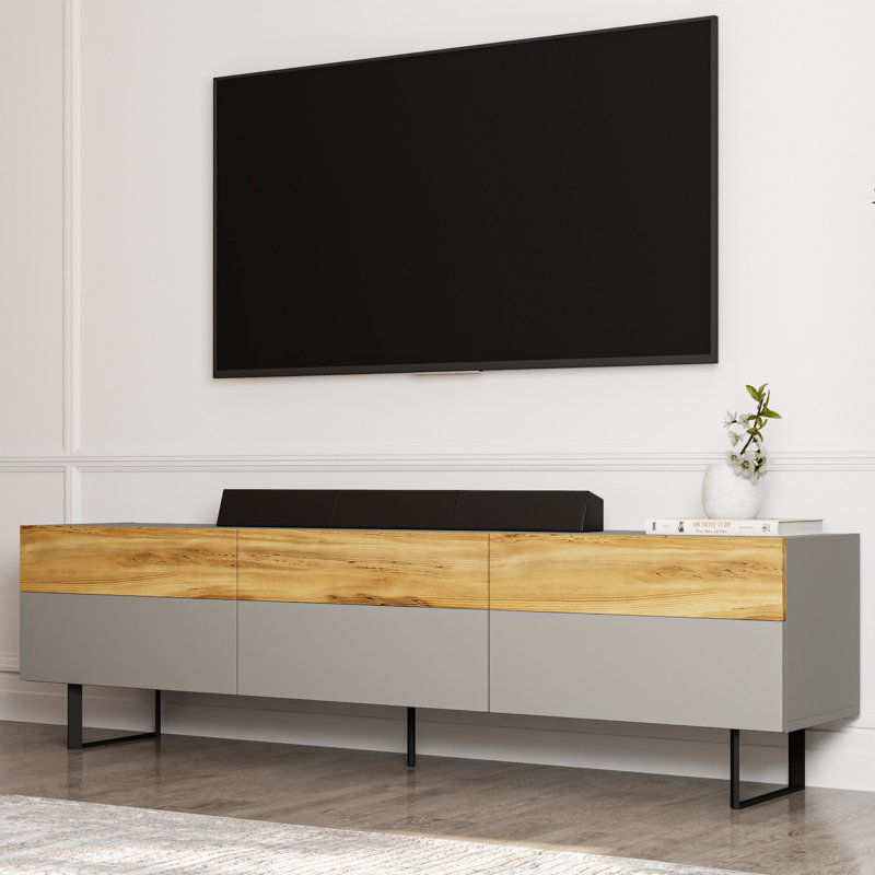 Modern Scandinavian TV Stand, Grey & Oak, 70.9 x 19.3 x 14.6 inches | 100% Melamine Coated Particle Board, Thickness: 0.7 inches | Multiple Shelves, Wall-Mountable, Stylish & Functional Design for Living Room & Entertainment Spaces