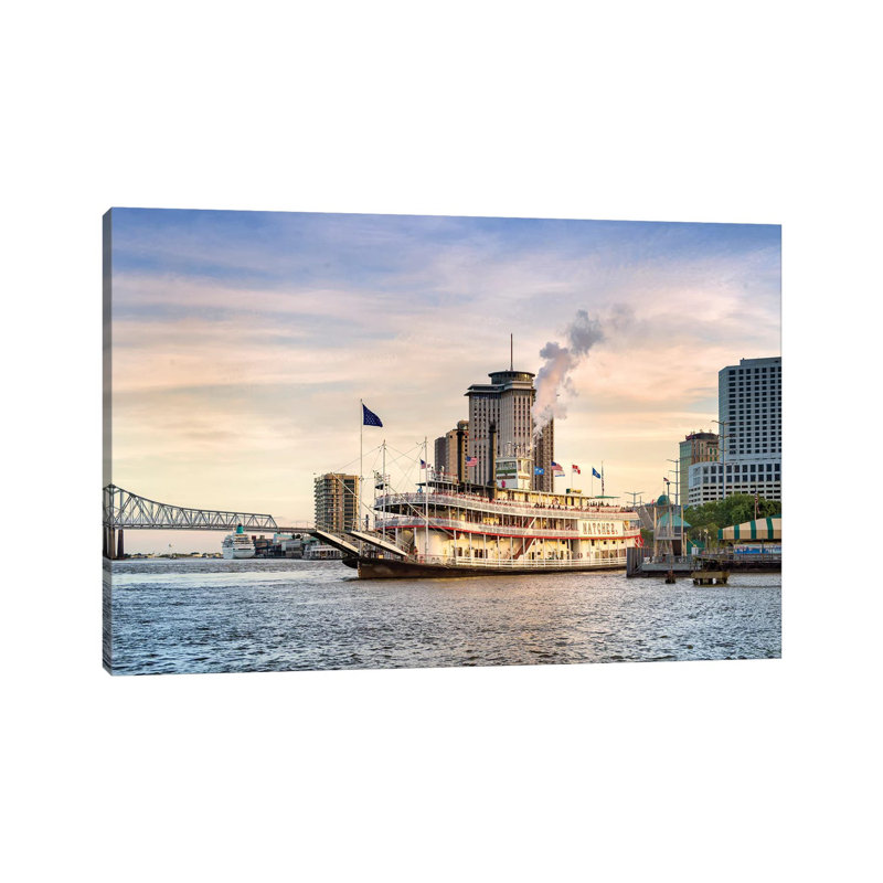 «Natchez Steamboat Mississippi River Sunset» par Susanne Kremer, reproduction de photo sur toile tendue