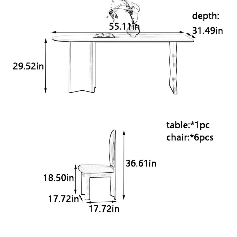 Plain white simple dining table and chair set, 29.52"H x 55.11"L x 31.49"W