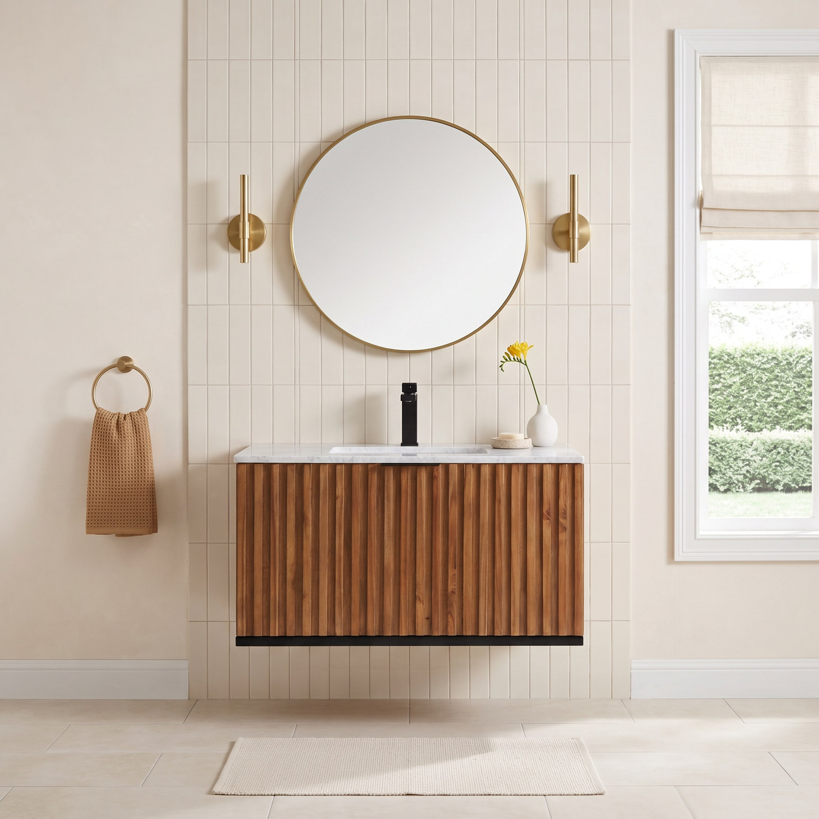 Terra 36'' Single Bathroom Vanity, Carrara Marble/Single Faucet Mount, Walnut, Matte Black