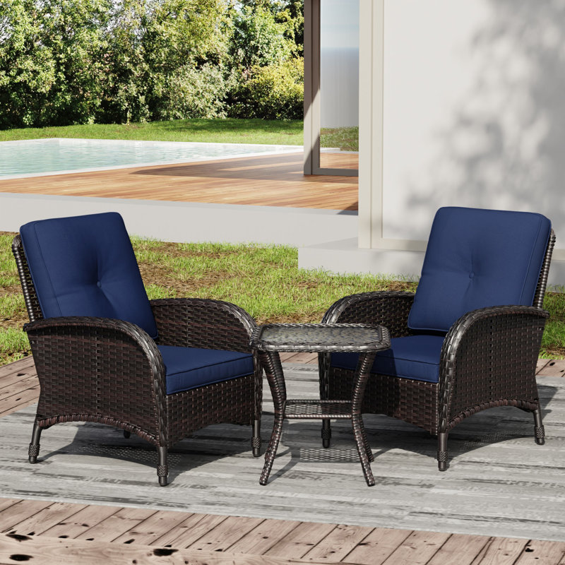 Ensemble de patio extérieur en osier 2 personnes avec chaises, table d'appoint et coussins bleus toutes saisons, Bleu
