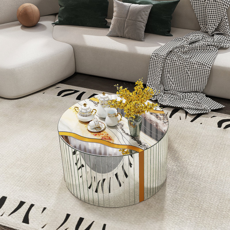 Table basse compacte avec miroir en marbre blanc
