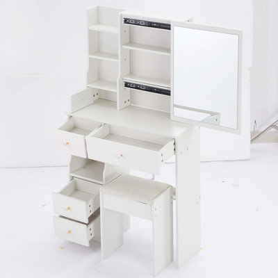 29.2" Small Space Left Drawer Desktop Vanity Table   Cushioned Stool, Extra Large Right Sliding Mirror, Multi Layer High Capacity Storage, Practical Fashionable Dresser