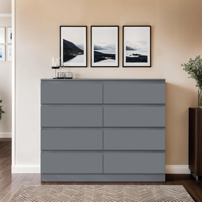 Carlton 8 Drawer Chest Of Drawers. 110cm Wide. 4+4 Configuration. Matt Finish. Scratch Resistant. Modern No Handle Design.