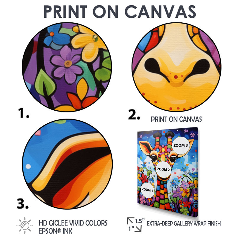 Girafe colorée mignonne dans le paysage de la jungle, Toile avec cadre flottant or, H 40 po x l 30 po x P 1,5 po