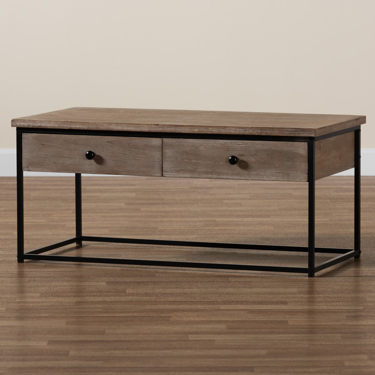 Roderick Modern And Contemporary Weathered Oak Finished Wood And Black Metal 2-Drawer Coffee Table