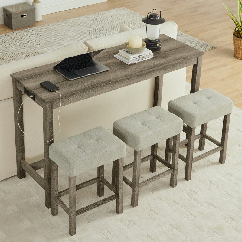 Ensemble de table de bar 59 pouces avec prise électrique, 3 tabourets rembourrés et conception compacte pour une vie moderne