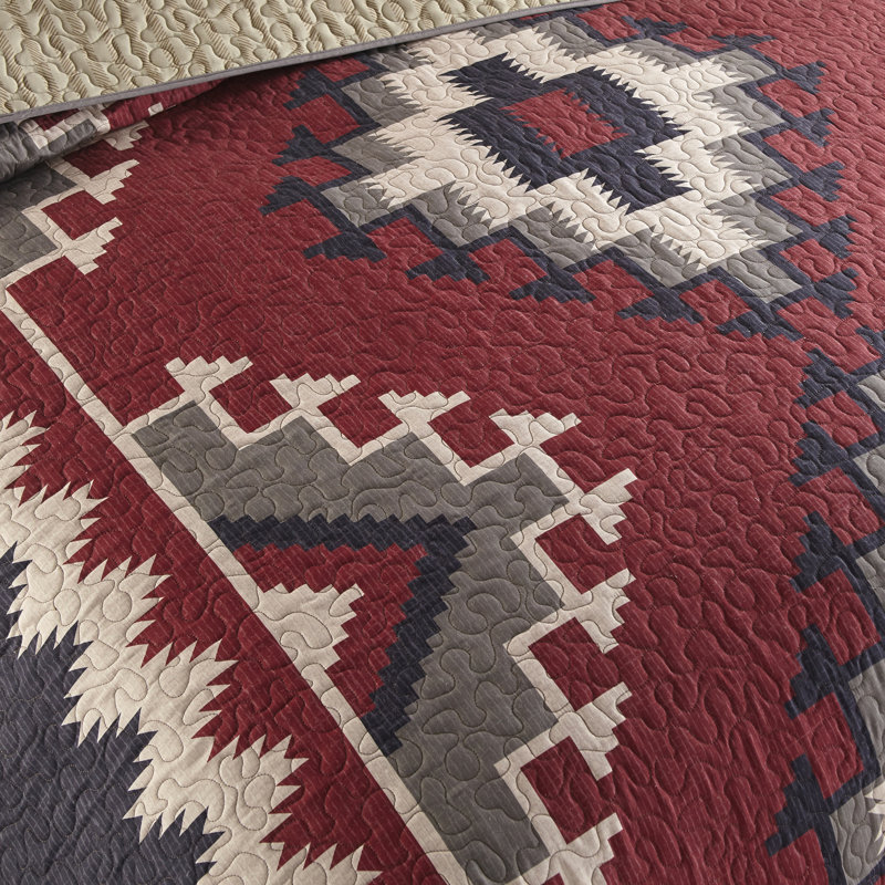 Mojave Red Quilted Geometric Shapes Quilt Set, Queen Quilt + 2 Standard Shams