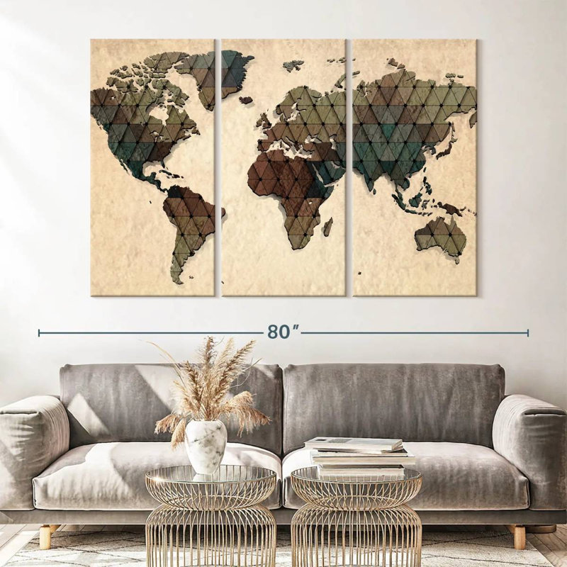 Carte du monde unique sur 3 pièces, H 42 po x l 65 po x P 1,25 po
