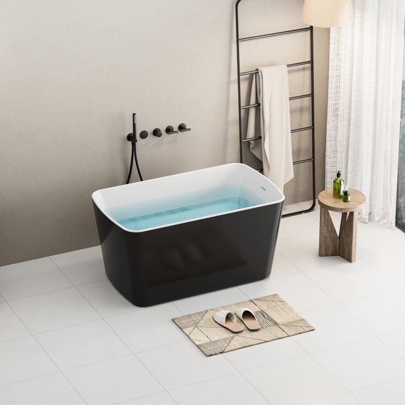 49'' Acrylic Freestanding Soaking Bathtub, Square Japanese Tub With Overflow, Glossy Black Interior Finish 49" Bath Tub, Hot Exterior