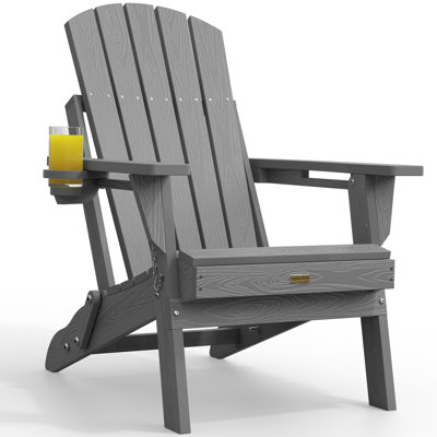 Weather-Resistant Adirondack Chairs with Cup Holder: Outdoor Plastic HDPE Folding Adirondack Chairs for Fire Pit/Deck/Porch/Garden/Lawn/Backyard (Gray)