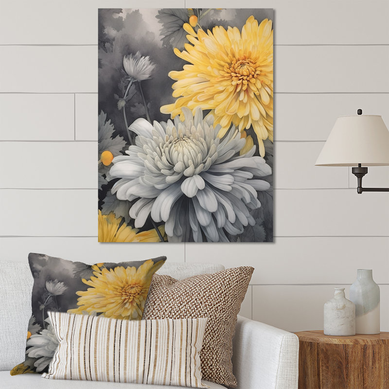 Yellow Grey Mums Spendor - Floral Metal Wall Decor, 20" H x 12" W x 1" D