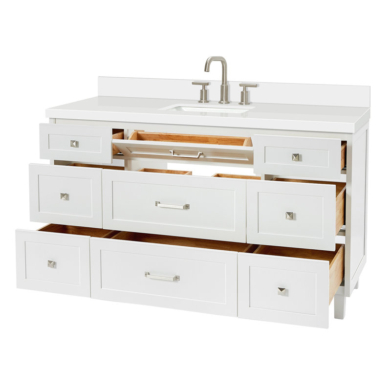 ARIEL Monroe 61 Single Sink Bathroom Vanity with Pure Quartz Top, White, 61"