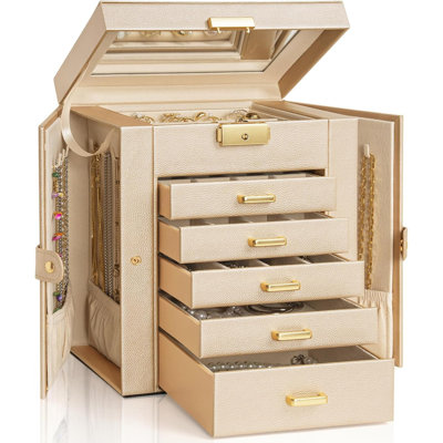 6-Tier Lockable Jewelry Box With Mirror - Jewelry Storage Organizer With 5 Drawers & Hidden Side Cabinets - Ring Necklace Earring Bracelet Holder