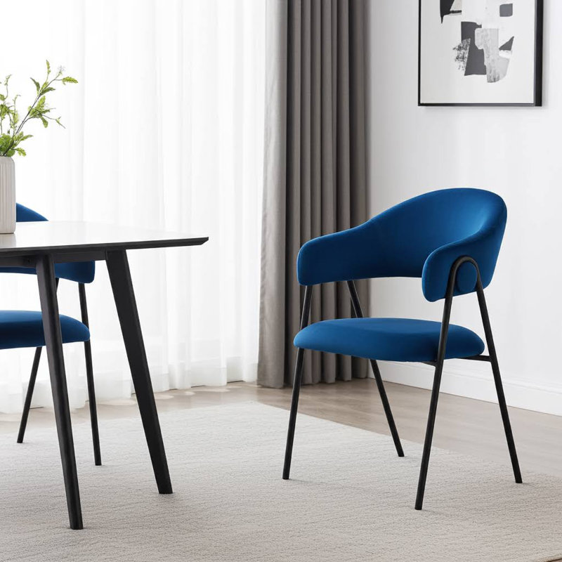 Noah Set of 2 Upholstered Dining Chairs with Black Metal Frame, Dark Navy