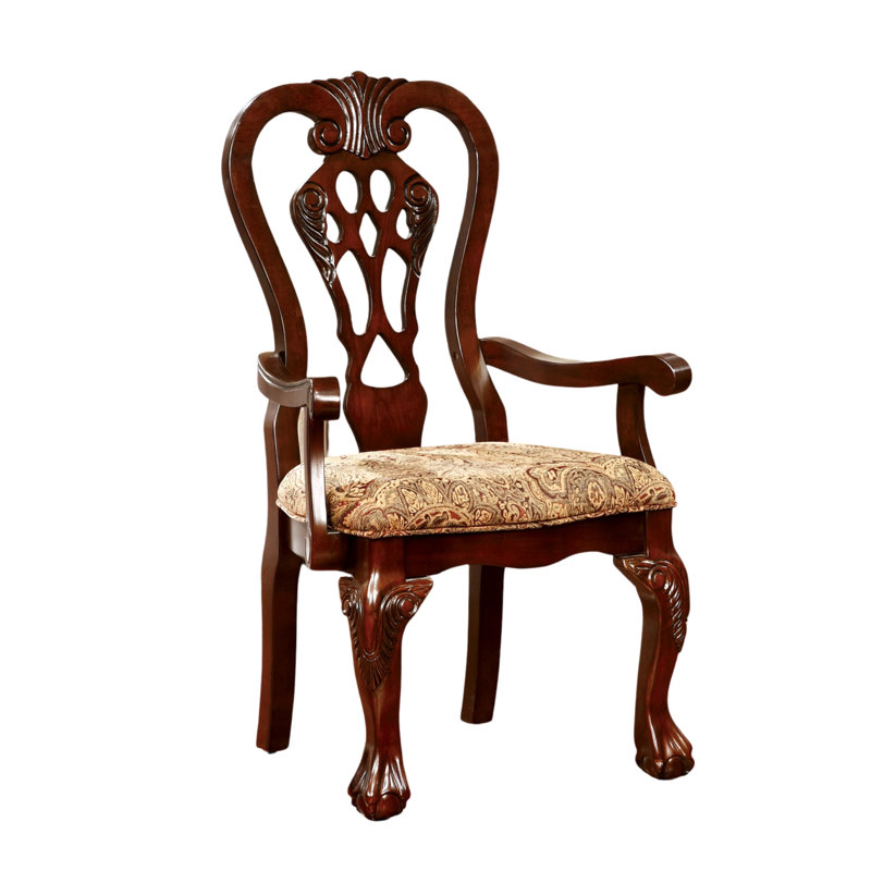 Fauteuils de luxe 2 pour la salle à manger, bois massif, couleur cerise, siège en tissu avec imprimé, dossier complexe et pieds griffés 2, cerisier brun, dossier