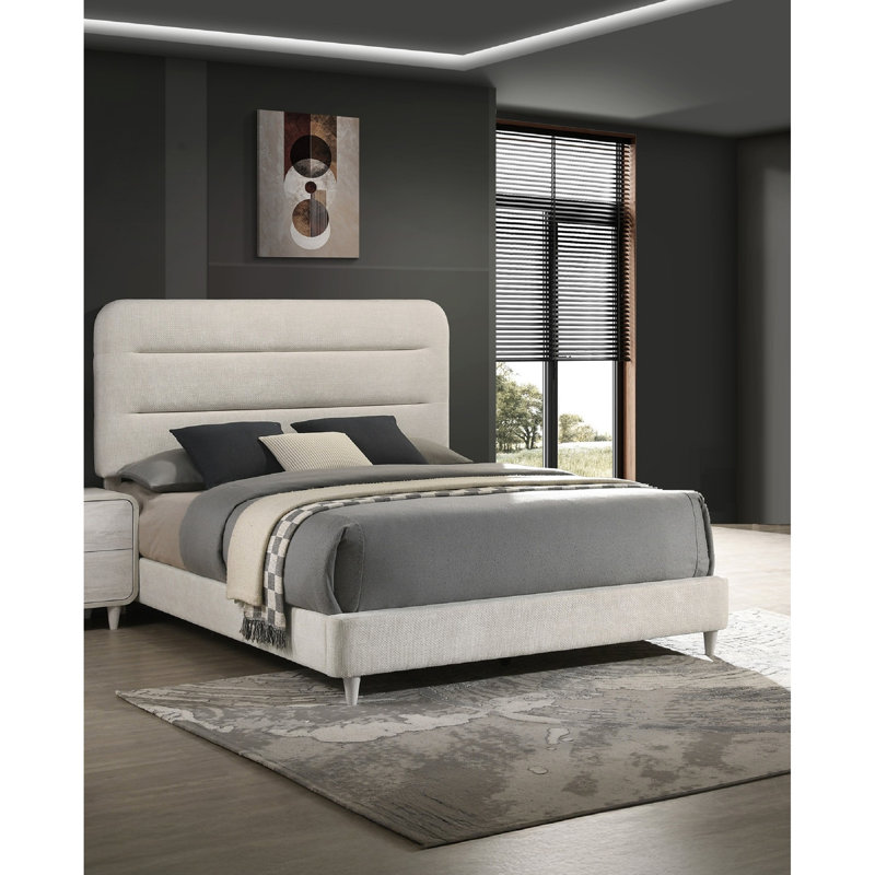Grand lit, revêtu de blanc antique, lignes épurées contemporaines, palette neutre, pour chambre à coucher, pièce simple, structure en bois, sommier requis, style d'assemblage facile, 1 pièce seulement,