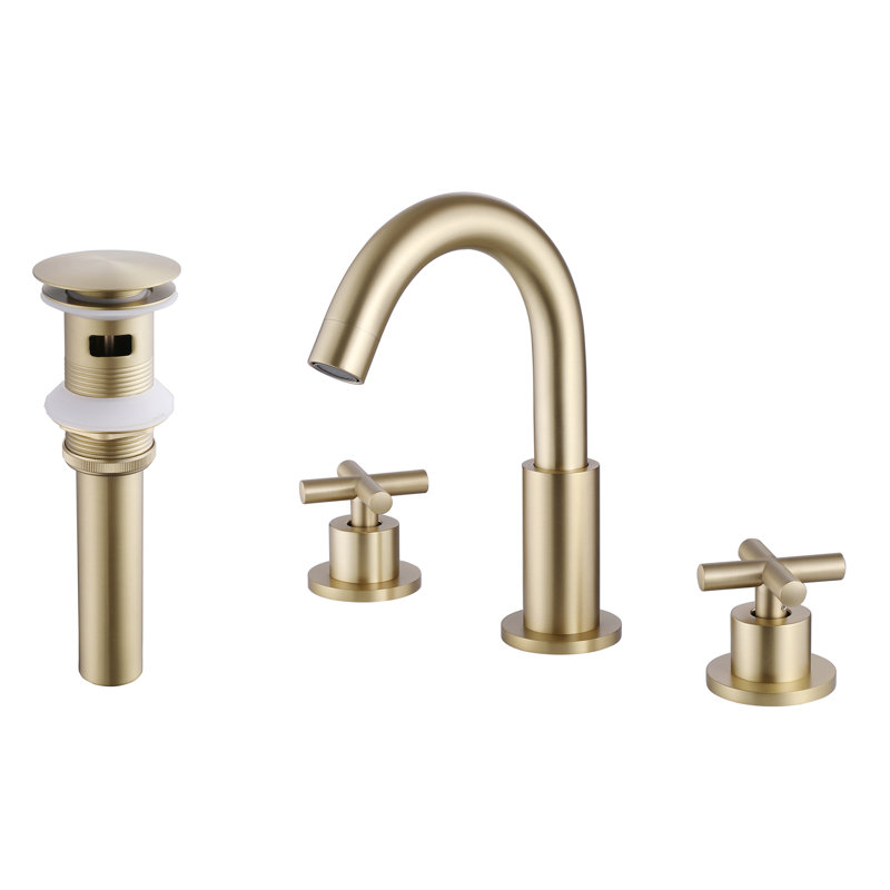 Solid Brass 2 Handles Bathroom Sink Faucet With Drain Assembly, Brushed Gold
