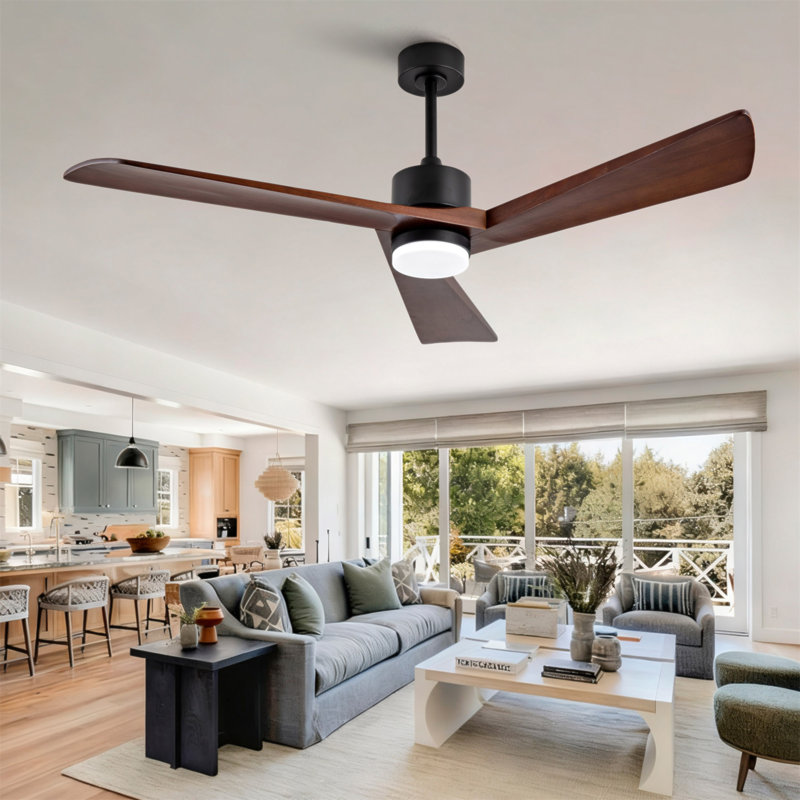 Ventilateur de plafond de 60 pouces avec lumière et télécommande, 3 pales en bois massif noyer, moteur à courant continu silencieux, 6 vitesses 5000 CFM, DEL à 3 couleurs à intensité variable avec mémoire, minuterie et fonction réversible pour le salon, la chambre à coucher