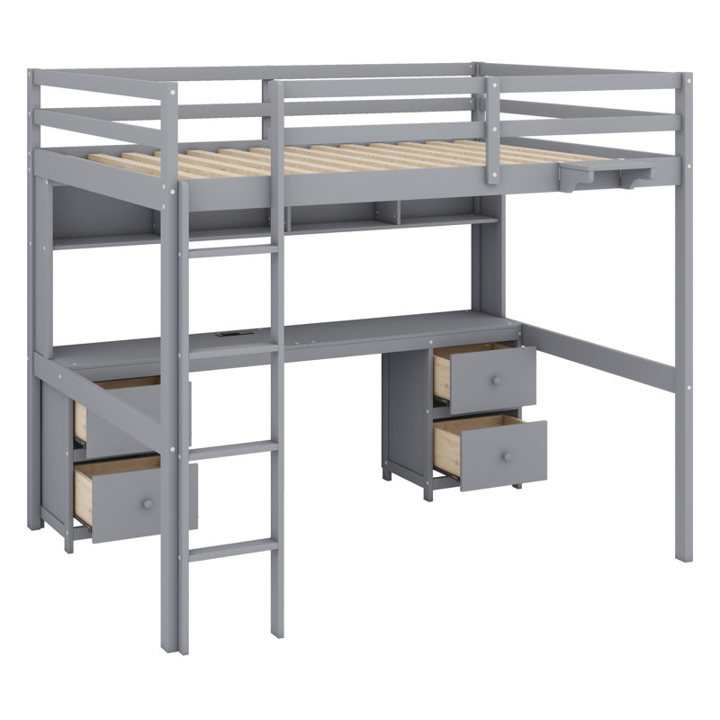 Loft Bed With Desk, Cabinets, Drawers And Bedside Tray, Charging Station, Gray