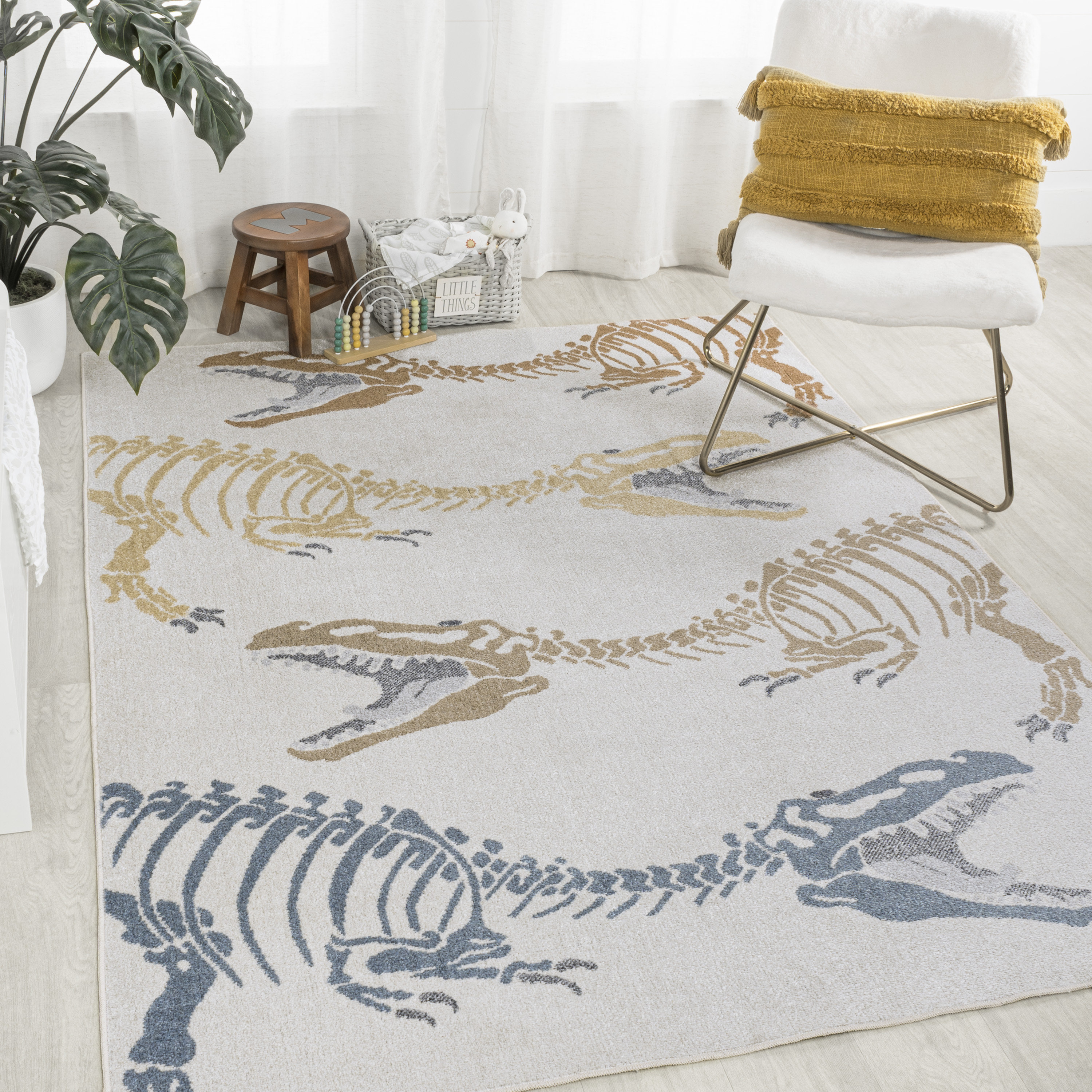 Trinx Kingdarr T-Rex Modern Kids Machine-Washable Cream/Multi Rug | Wayfair