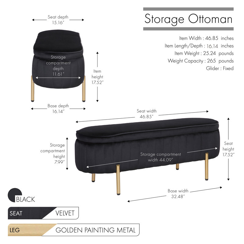 Banc de rangement avec repose-pieds Kronqui, Velours noir