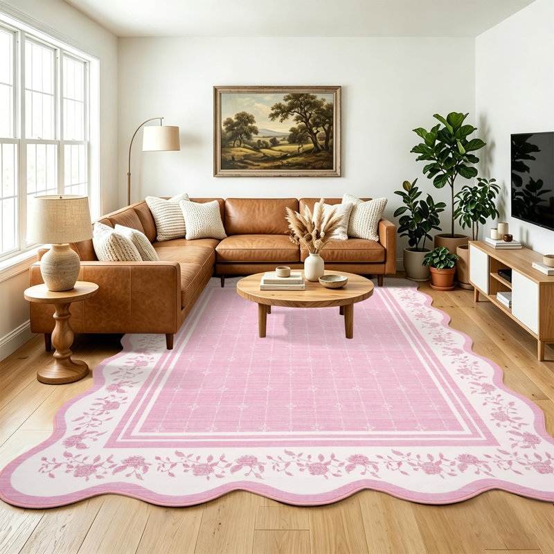 Tapis festonné lavable, tapis de salon, revêtement de sol, tapis d'appoint moderne à bordure, Rose, 10*13