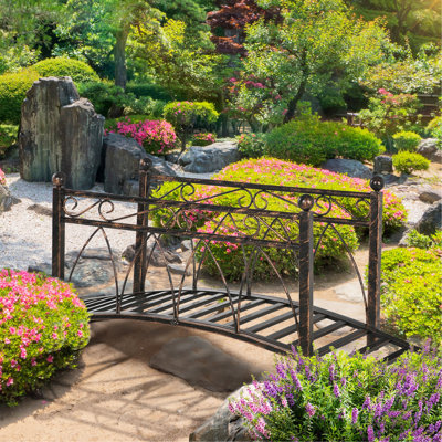 3.3' Decorative Arc Metal Zen Garden Bridge with Safety Side Rails, Bronze