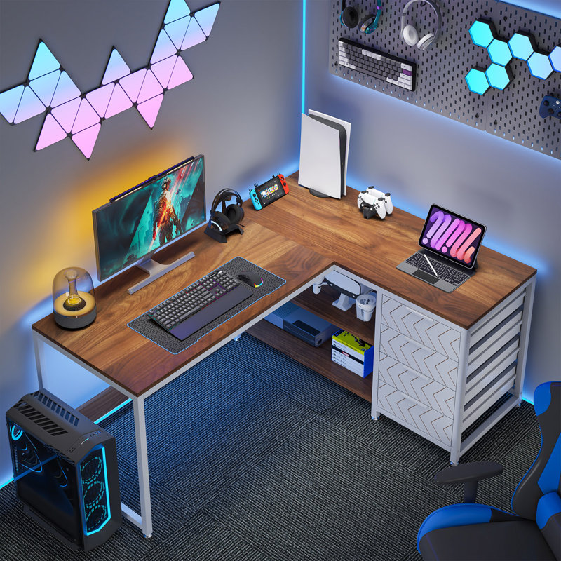  59" L-Shaped Computer Desk for Home Office, Small Space Corner Desk with 4 Drawers, Brown/White