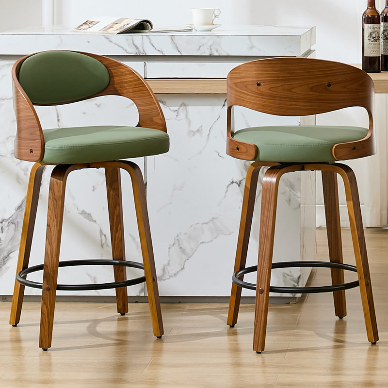 Tabourets pivotants modernes en similicuir de 26 po, tabourets de comptoir en bois avec repose-pieds, Vert