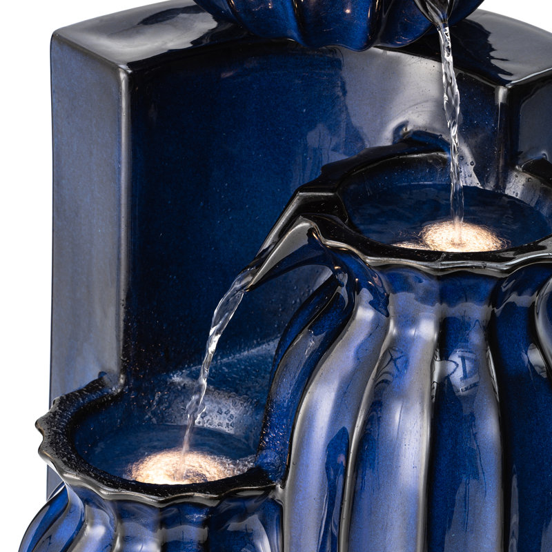 Emelin Outdoor Ceramic / Porcelain Weather Resistant Cascade Fountain with Lights, Blue