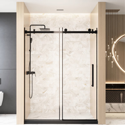 Porte de douche coulissante simple en noir mat, l 56 à 60 po x H 76 po, verre trempé transparent de 1/4 po et 6 mm avec film de preuve, poignée en acier inoxydable et rail tubulaire carré pour porte de salle de bain en H, verre, poignée