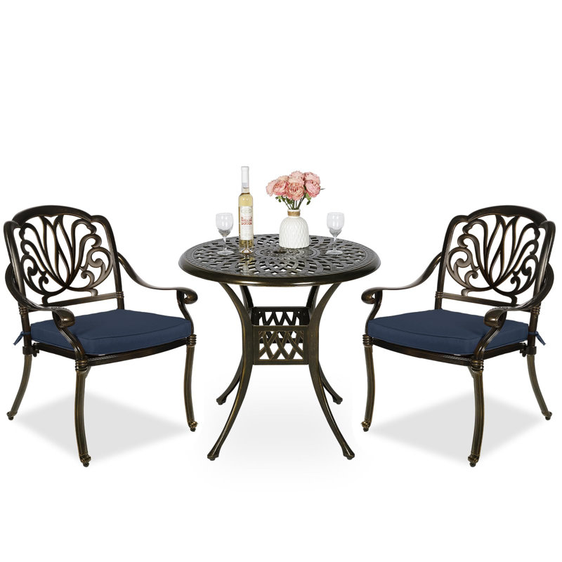 2 - Person Patio Dining Set with Round Table , Cushions Included, Navy Blue