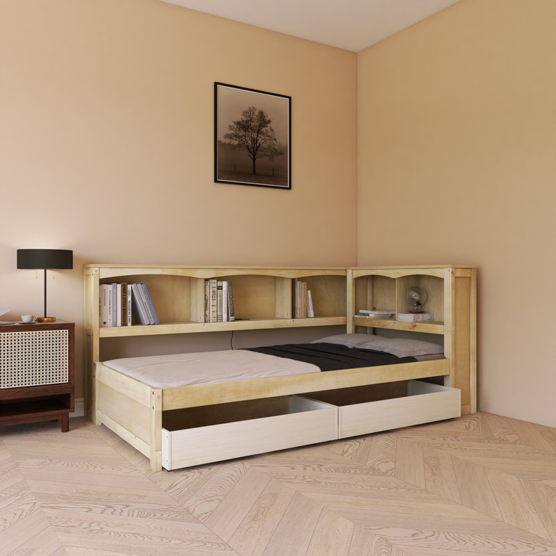Lit plateforme simple avec rangement Wood, Naturel