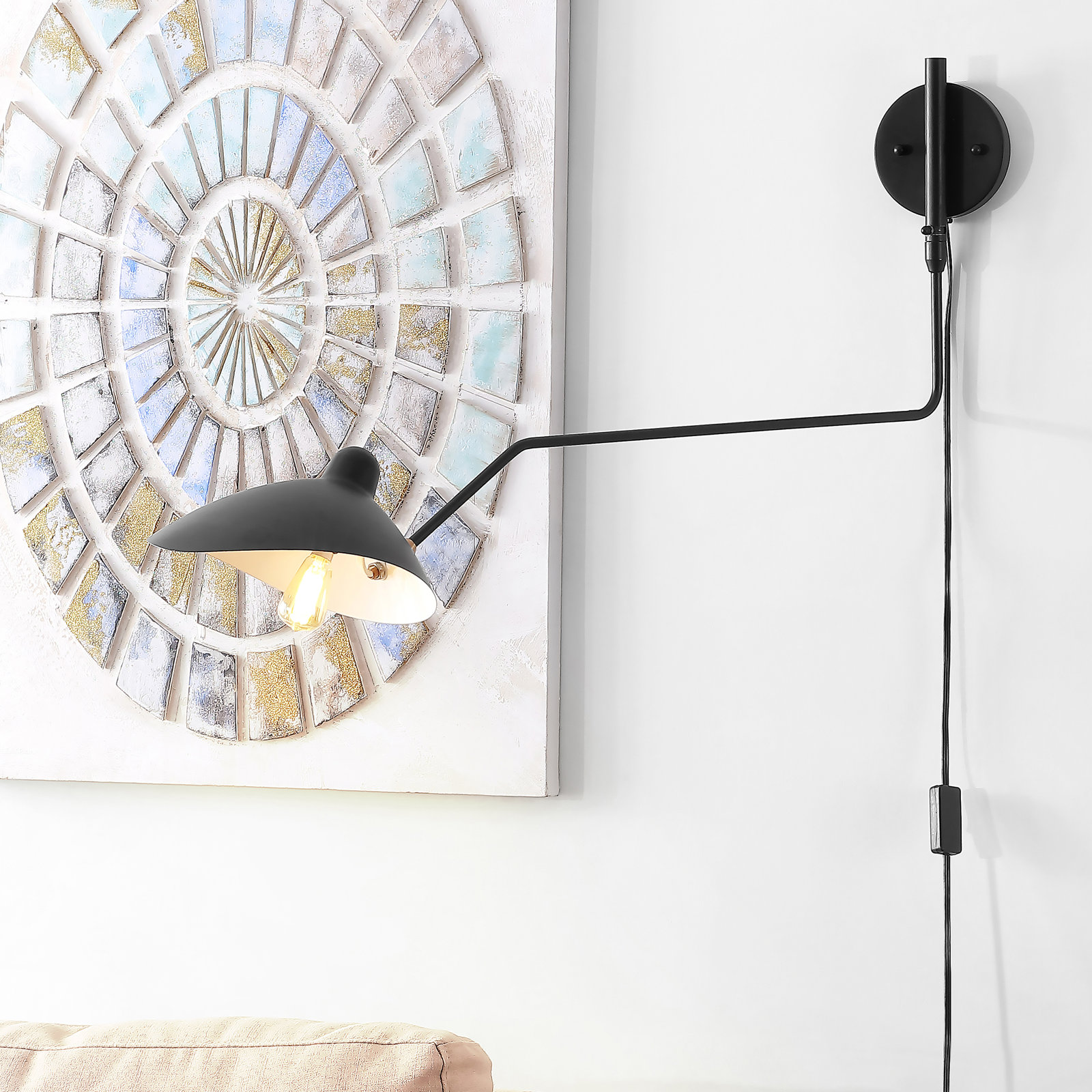 Varun Single Light Dimmable Plug-in Swing Arm Sconce, Black/Brass Gold
