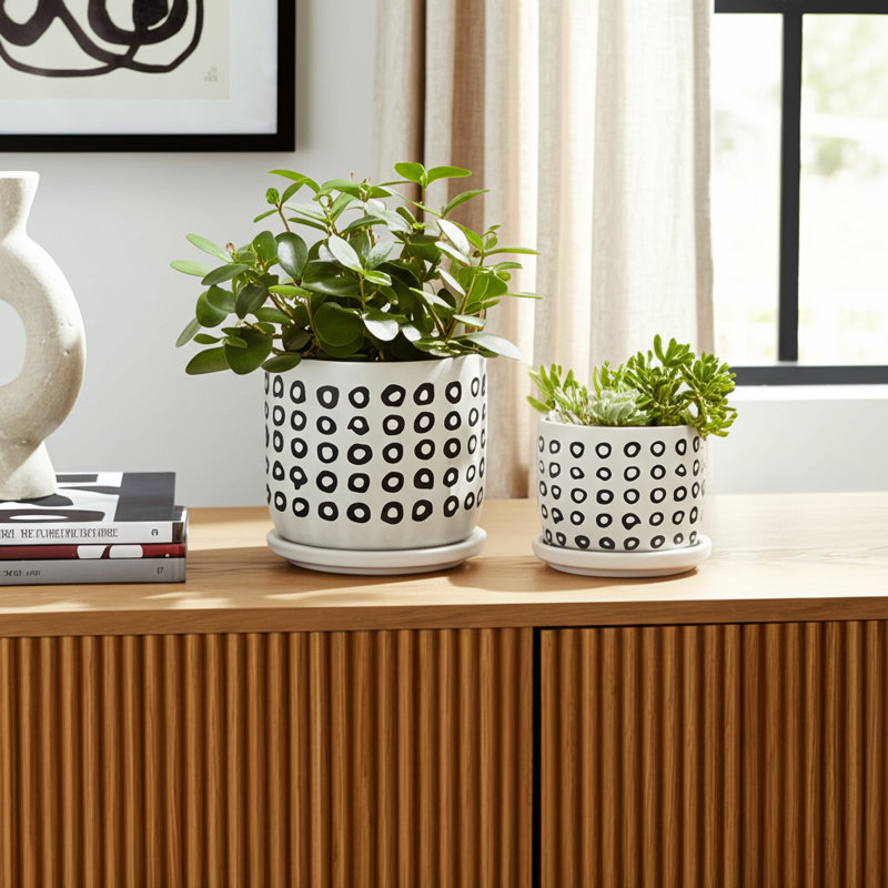 Stoneware Ceramic Saucer Planters with Drainage - Modern Decorative Plant Pots - Durable, Stylish Design for Home and Garden - Set of 2