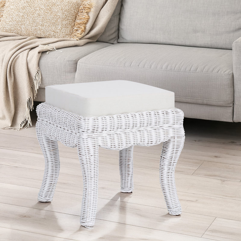 Rowan 18.5" Coastal Woven Rattan Vanity Stool with White Upholstered Cushion, White Distressed Mango Wood Backless Makeup Chair for Bedroom & Bath