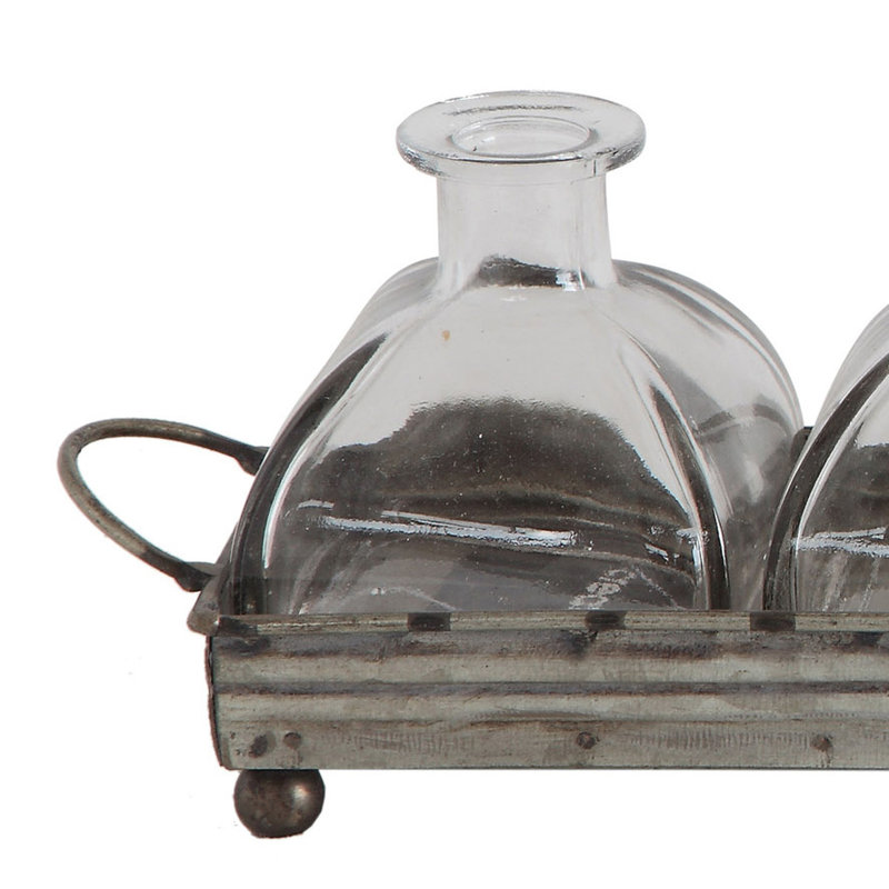 Decorative Rectangular Metal Tray with Handles and 5-Piece Glass Vases