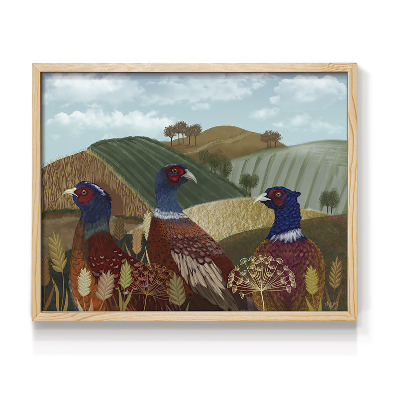 Trio de faisans dans un champ - Reproduction encadrée - Restickable, Naturel, H 16 po x l 20 po