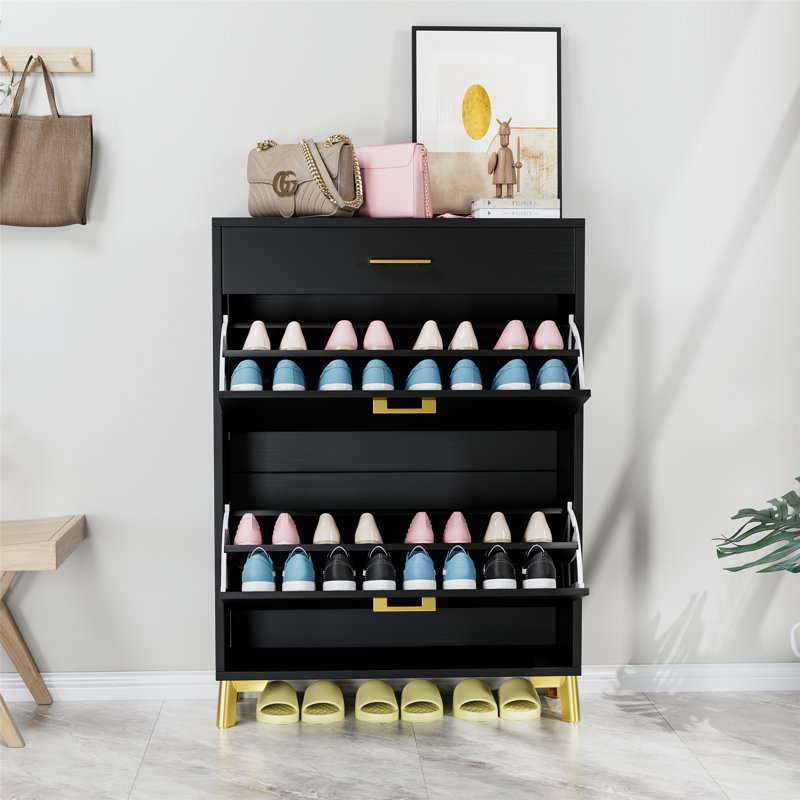 Shoe Storage Cabinet For Entryway, Free Standing Shoe Organizer With 2 Flip Drawers, Black